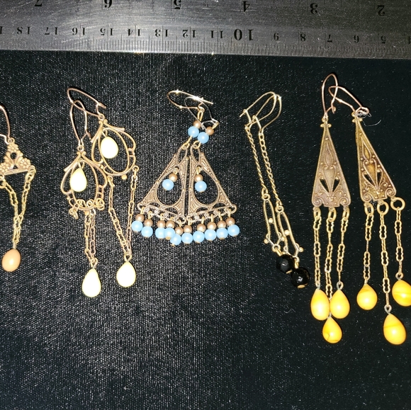 5 Pairs Vintage Brass and Glass Dangle Earrings BOHO Delicate Fillagree Lacy - Picture 12 of 12